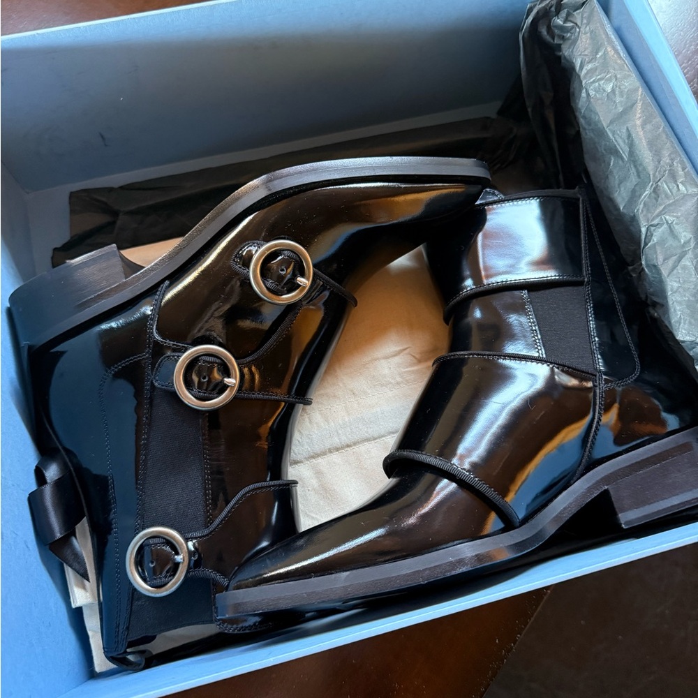 Lanvin Black Patent Leather Buckle Boots
